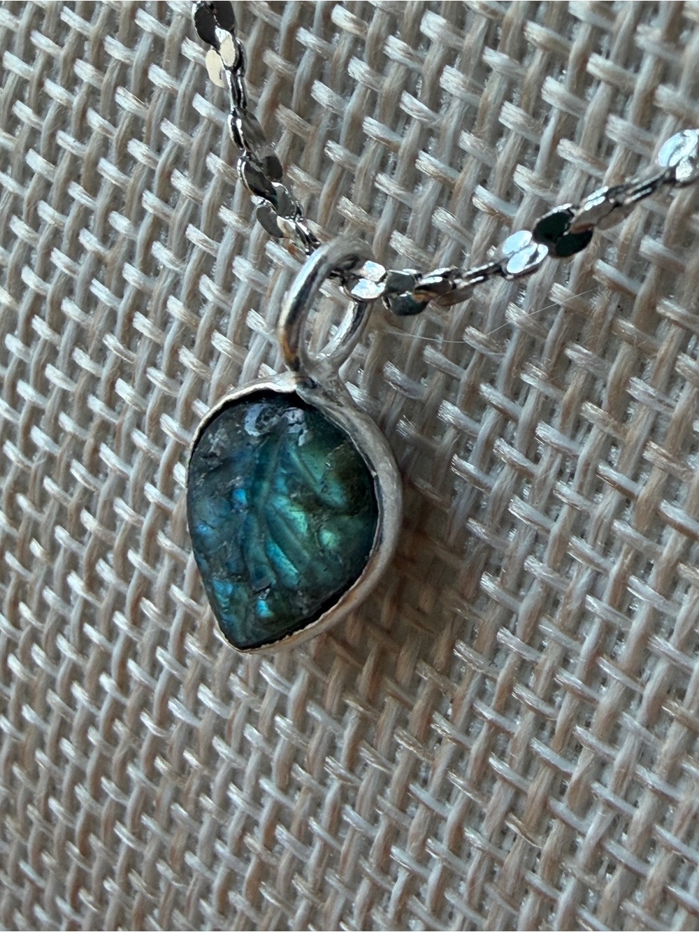 Sterling Silver Labradorite Pendant on 14K White Gold Twisted Nugget Necklace